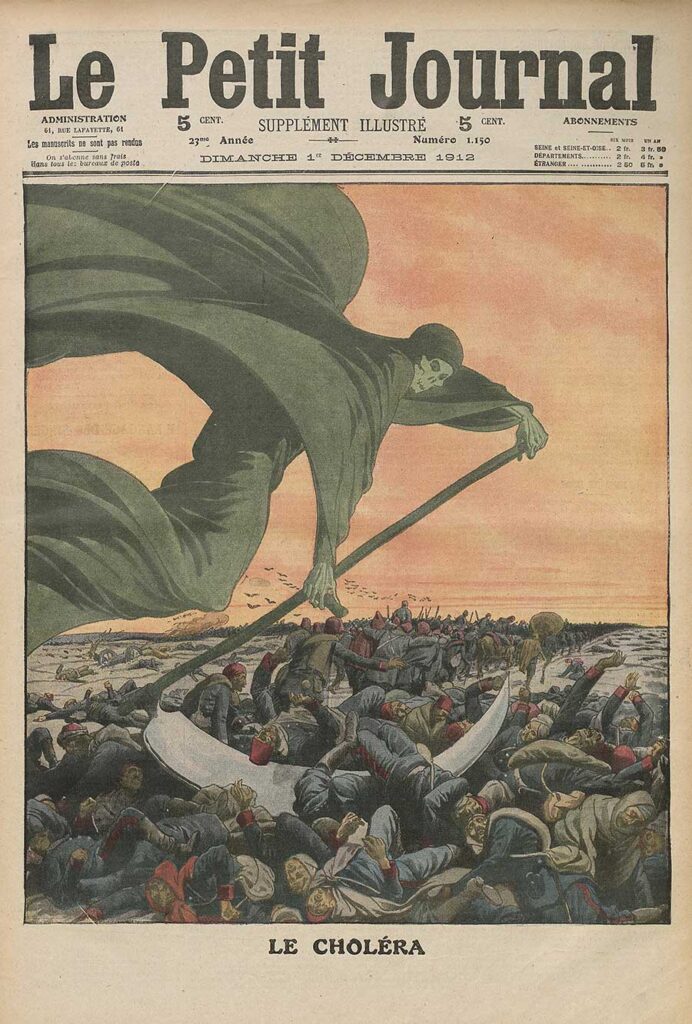 A French poster depicting how cholera swept through the population from Le Petit Journal in 1912. From: https://www.gavi.org/vaccineswork/cholera-and-inequitable-origins-public-health-diplomacy