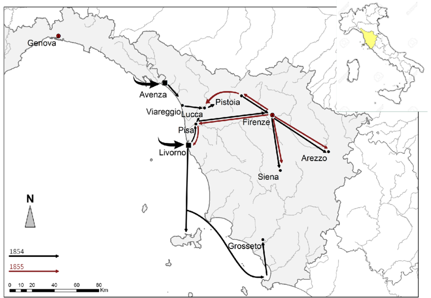 The spread of cholera in Tuscany in  1854 and 1855. From: Fornaciari, A. Death in the Time of Pandemic: A Tuscan Cholera Cemetery at Benabbio (1855). Hist Arch 57, 1254–1268 (2023). https://doi.org/10.1007/s41636-023-00437-9